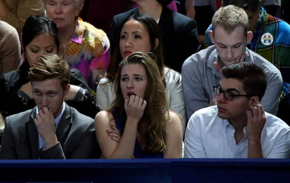 People watch voting results at Democratic presidential nominee former Secretary of State Hillary Clinton