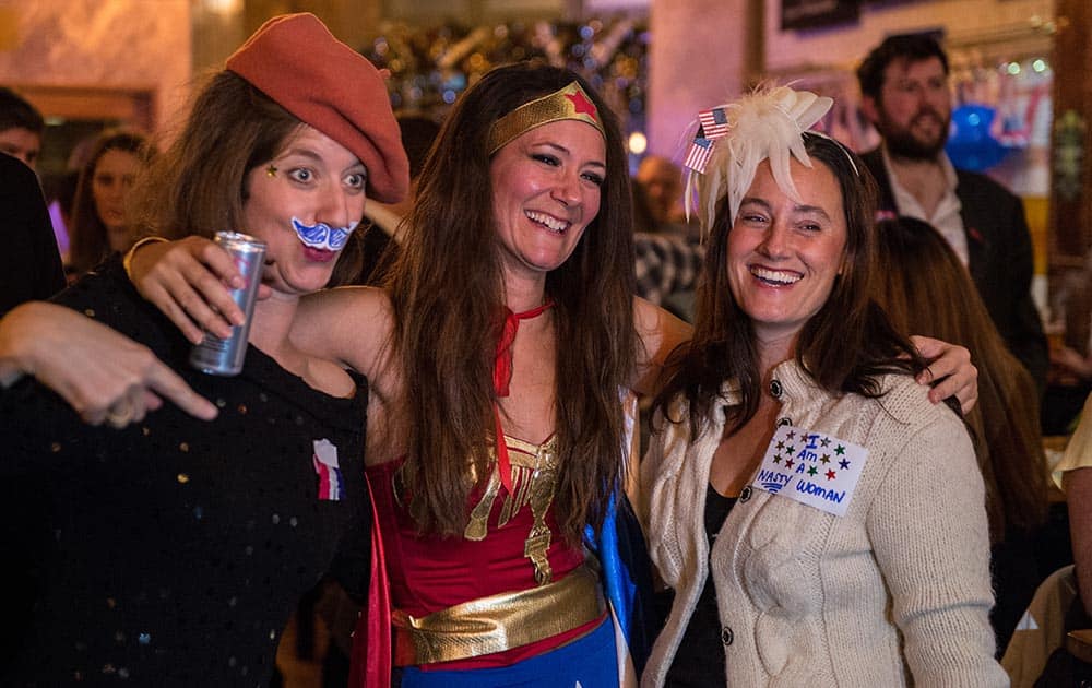 Democrats dress up including Wonder Woman at the Democrats Abroad US election night party