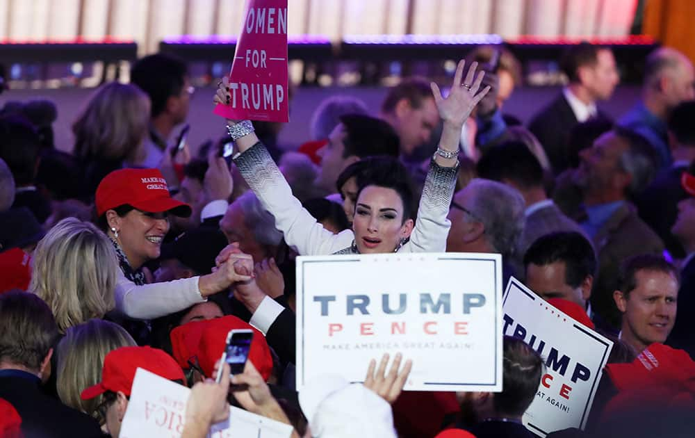 People celebrate during the call for Republican president-elect Donald Trump at his election night event at the New York Hilton Midtown