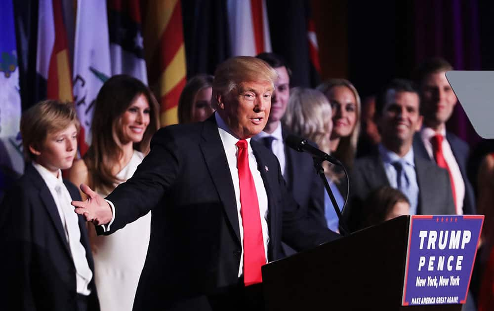 Republican president-elect Donald Trump delivers his acceptance speech during his election night event at the New York Hilton Midtown