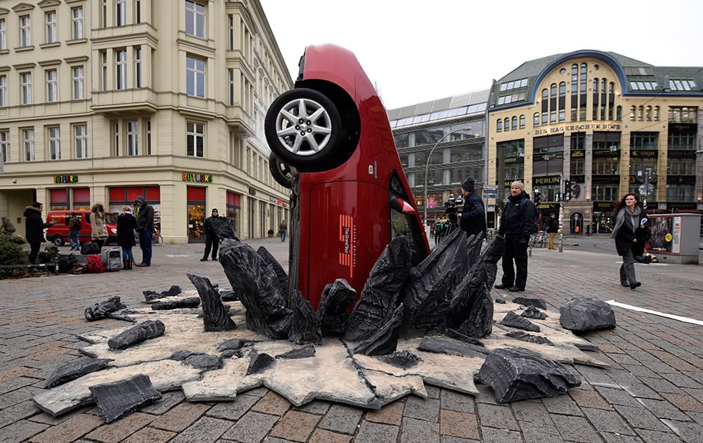 A car crashed into the ground at Hackescher Markt in Berlin, Germany.