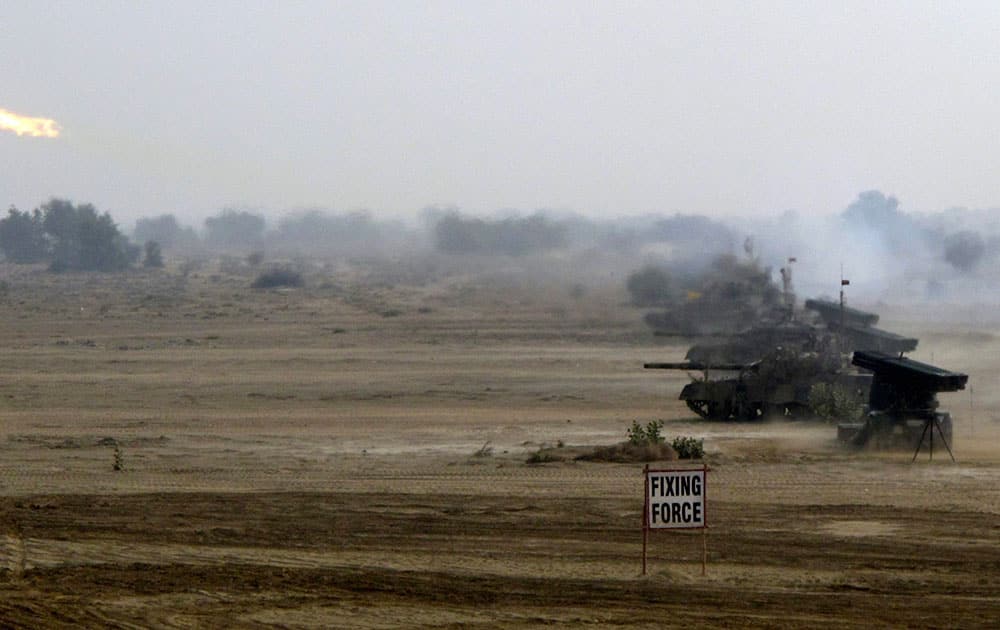 Pakistan army tanks take part in a military exercise in Khairpur 