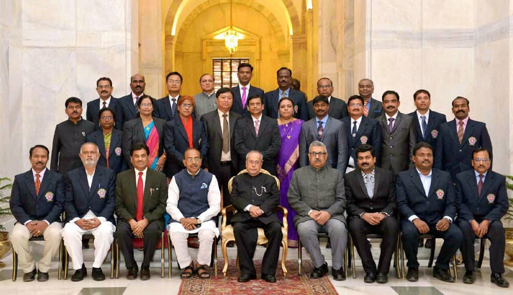 Pranab Mukherjee with the recipients of Indira Gandhi