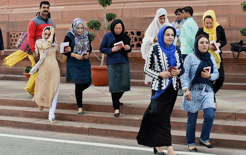 Foreign visitors at Parliament House in New Delhi.