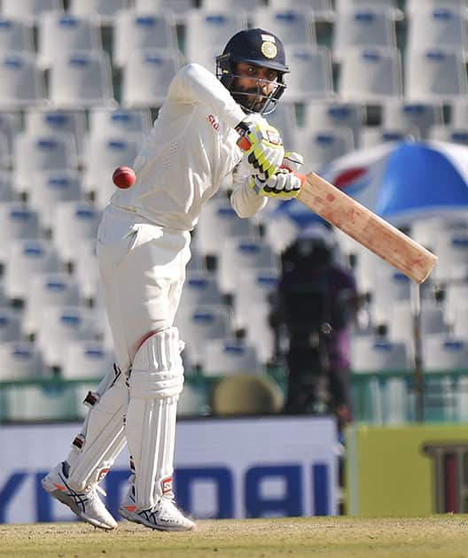 Ravindra Jadeja plays a shot on the third day of the third Test match between India and England in Mohali