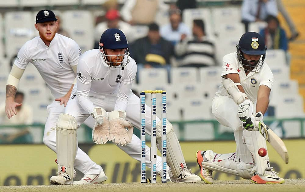 Parthiv Patel plays a shot on the fourth day of the third Test match between India and England in Mohali