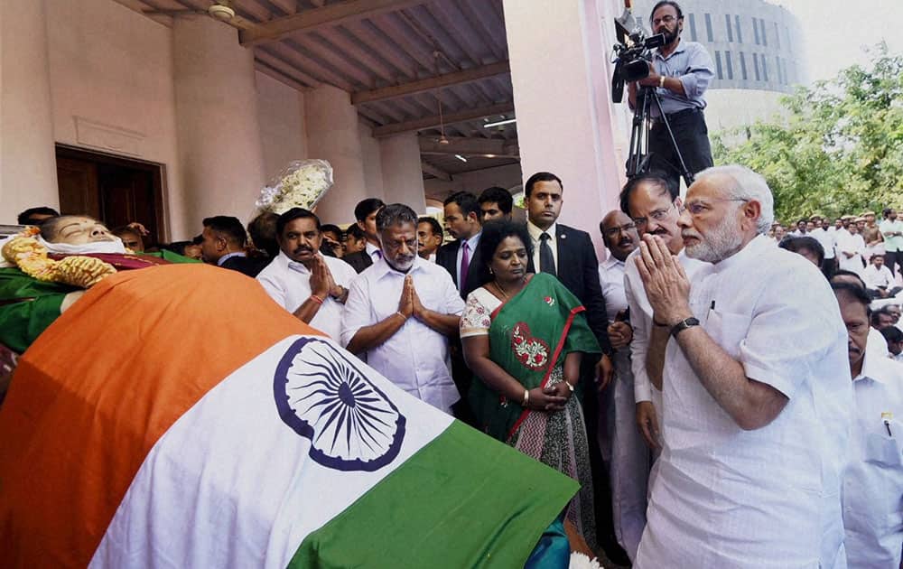 Prime Minister Narendra Modi pays his last respects to Tamil Nadu's former Chief Minister Jayaram Jayalalithaa at Rajaji Hall in Chennai Prime Minister Narendra Modi pays his last respects to Tamil Nadu's former Chief Minister Jayaram Jayalalithaa at Rajaji Hall in Chennai
