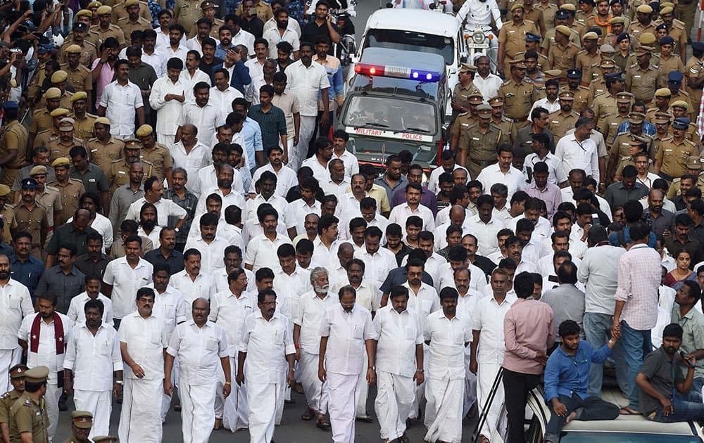 TN ministers and senior leaders at Tamil Nadus former Chief Minister J Jayalalithaas funeral procession in Chennai