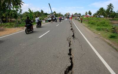 Roads cracked in the quake of 6.4 magnitude in Sigli, Aceh Province, Indonesia