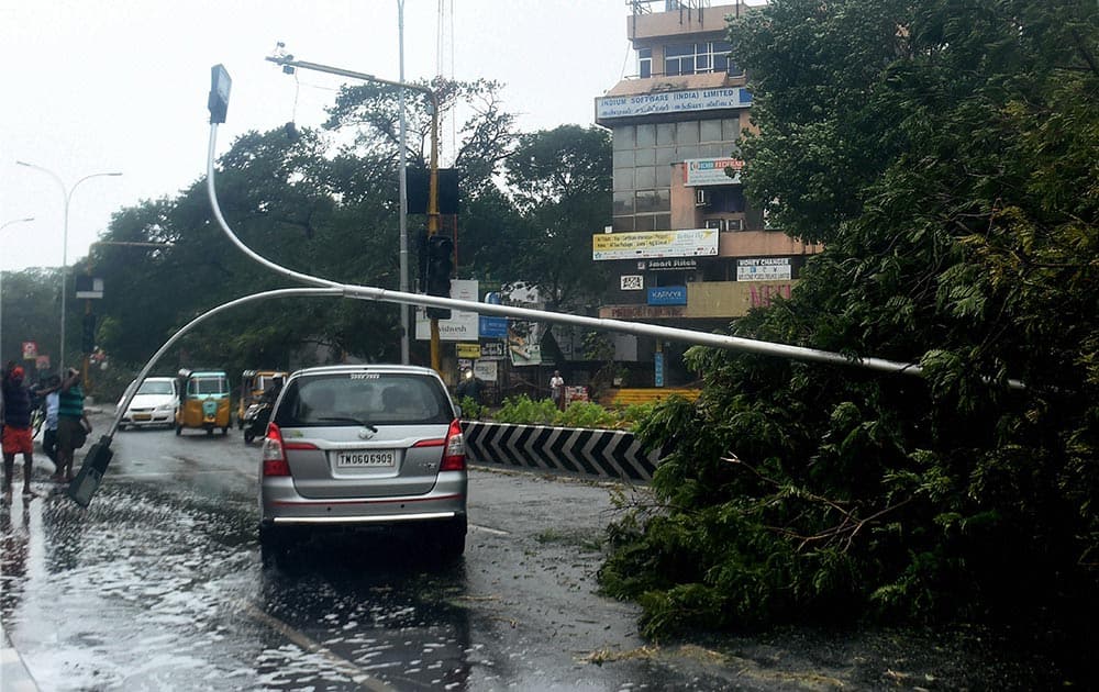 A car moves past an uprooted lamp post and tree following a storm in Chennai