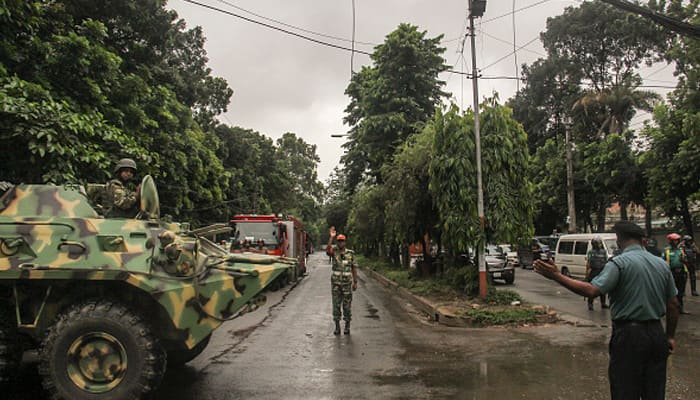 An armoured personnel carrier of the Bangladesh Army is brought out to take part in a raid on Holey Artisan Bakery cafe, which was attacked by gunman, on July 02, 2016 in Dhaka, Bangladesh.