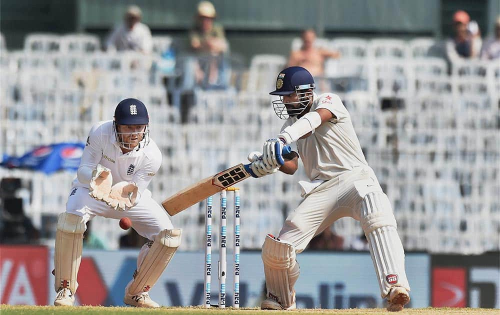 Murali Vijay plays a shot during the fourth day of the fifth cricket test match