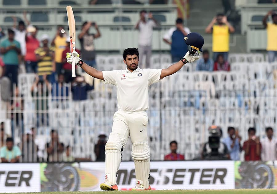 Karun Nair celebrates after scoring 300 runs