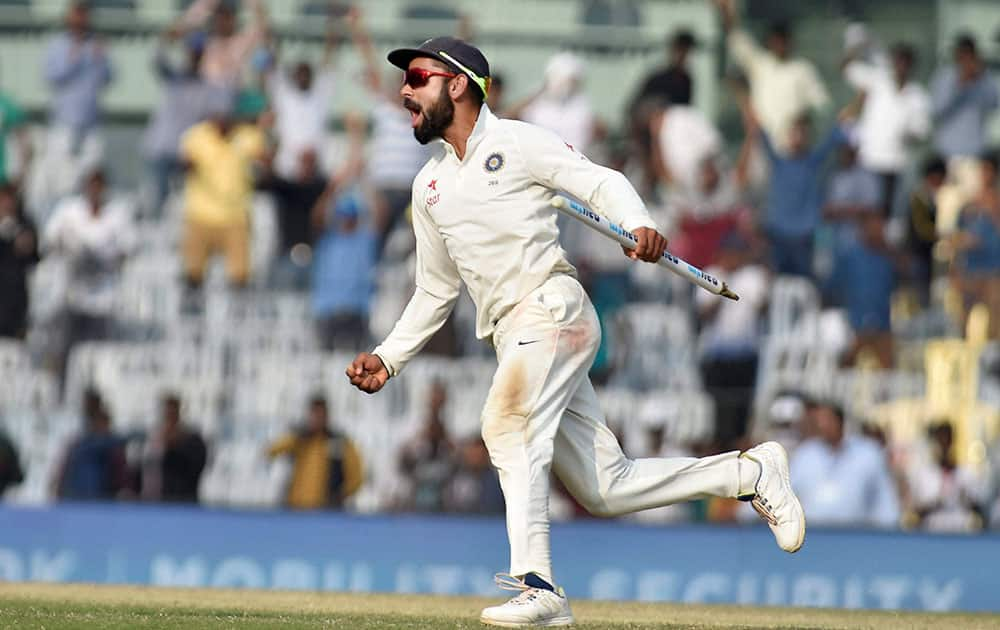 Virat Kohli celebrates after the test series win against England, at MAC Stadium, in Chennai