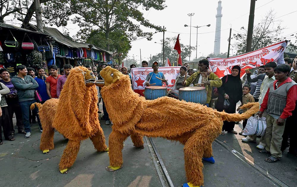 Chou dancers of Purulia perform at a rally