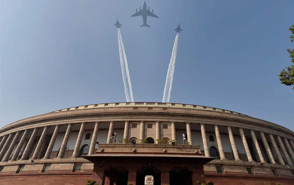 Indian Air Force's planes fly over the Parliament  