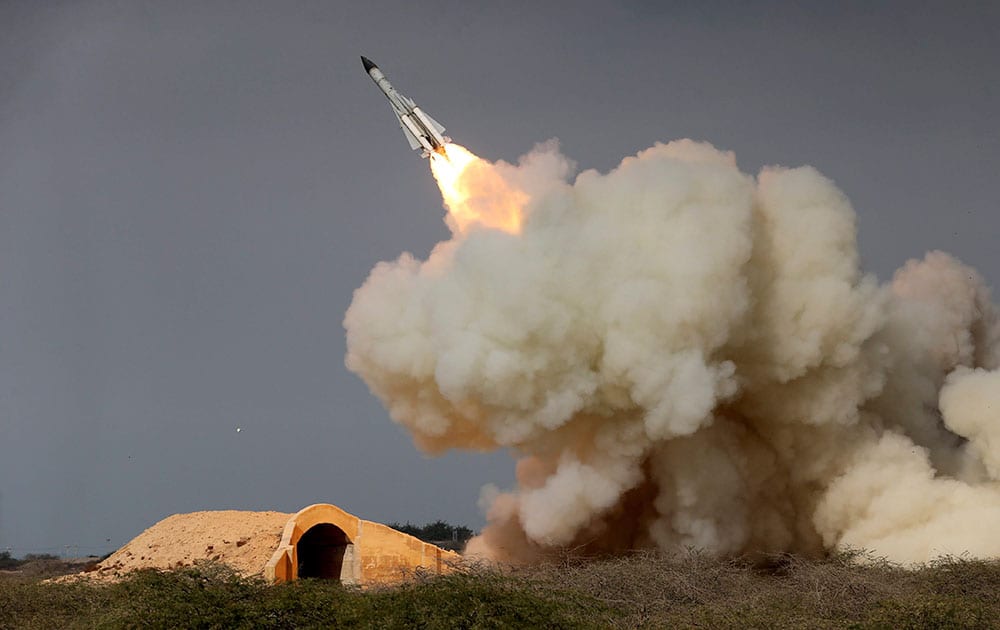 A long-range S-200 missile is fired in a military drill