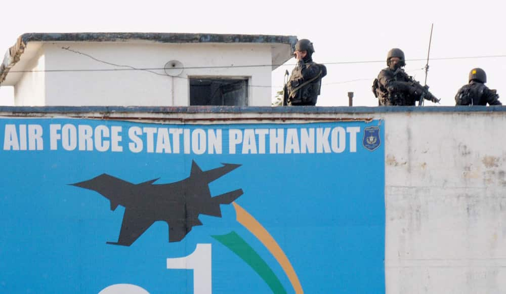 Security personnel guarding inside the Pathankot