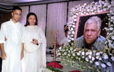 Bollywood late actor Om Puri’s his wife Nandita Puri with son Ishaan Puri attends a prayer meeting of late actor Om Puri, in Mumbai