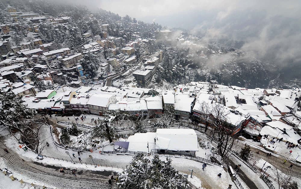 Aerial view of Shimla city after fresh snowfall