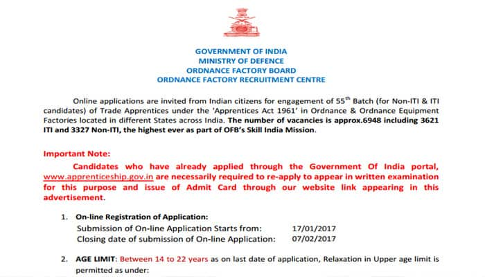 OFB Recruitment 2017: Here&#039;s how you can apply online for 7048 Trade Apprentice posts at Ordnance Factory Board, Defence Ministry