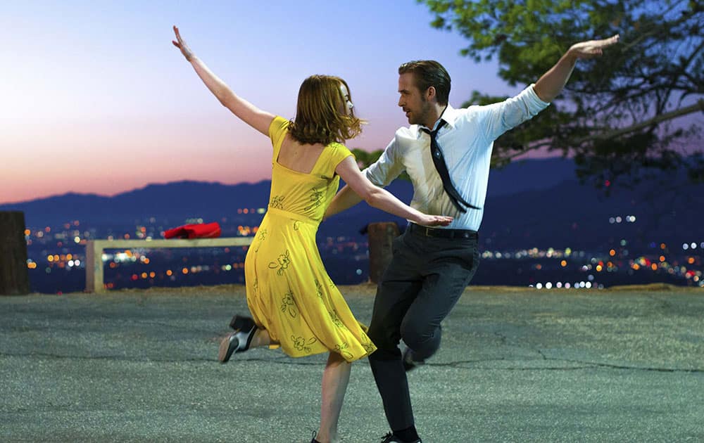 Ryan Gosling and Emma Stone in a scene from, La La Land