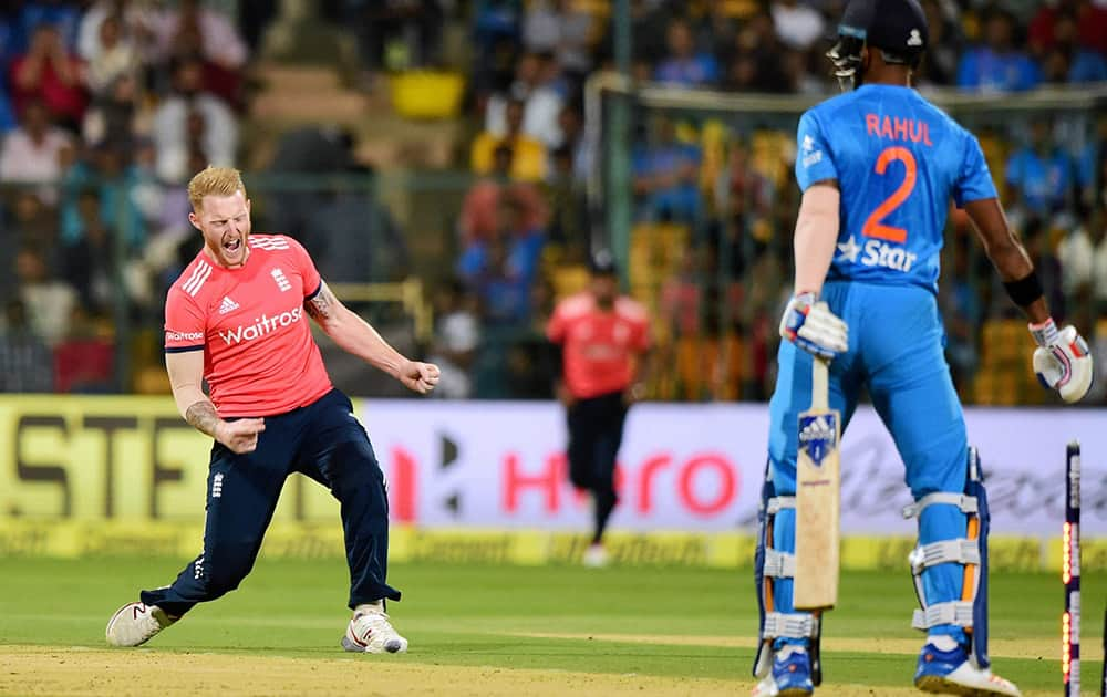 Ben Stokes celebrate the wicket of K L Rahul during the 3rd T20 at Chinnaswamy Stadium in Bengaluru