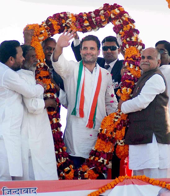 Rahul Gandhi at a poll rally near Allahabad