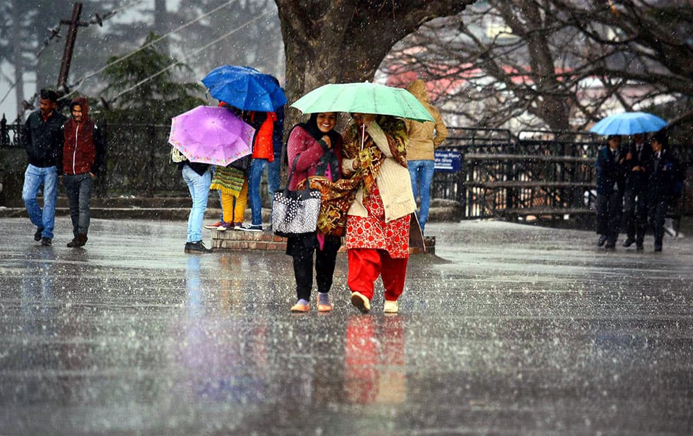 People walking with the umbrellas during heavy rain at Ridge in Shimla