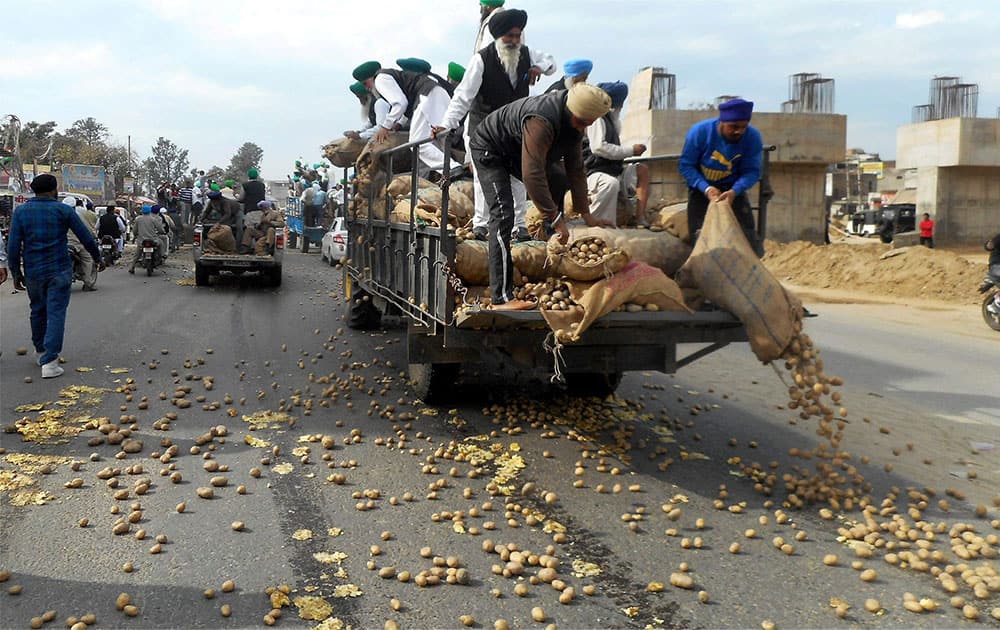 Farmers dump potatoes on a road