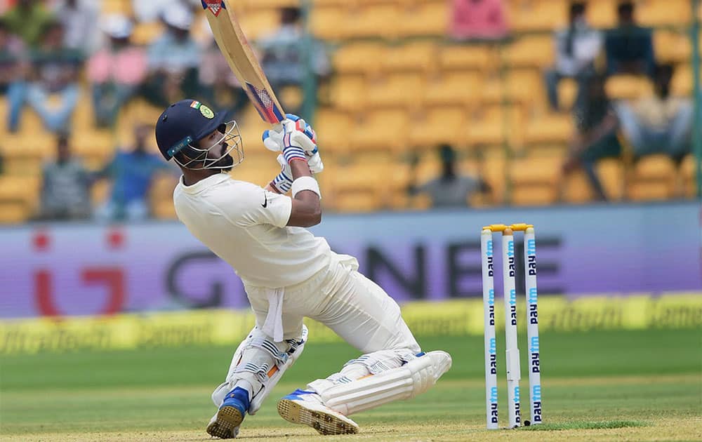 K L Rahul plays a shot during the third day of the second test match against Australia