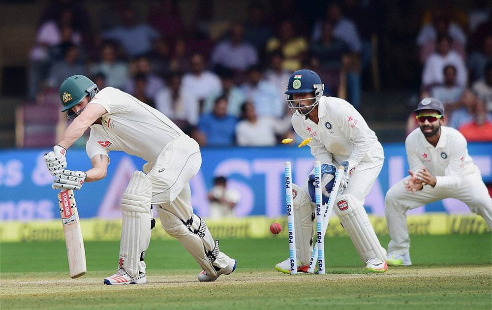 Steve OKeefe is clean bowled by Ravindra Jadeja