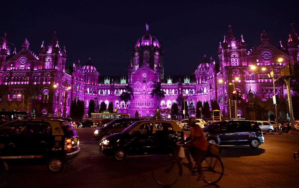 The Chatrapati Shivaji terminus lit up in pink on the eve of Womens Day