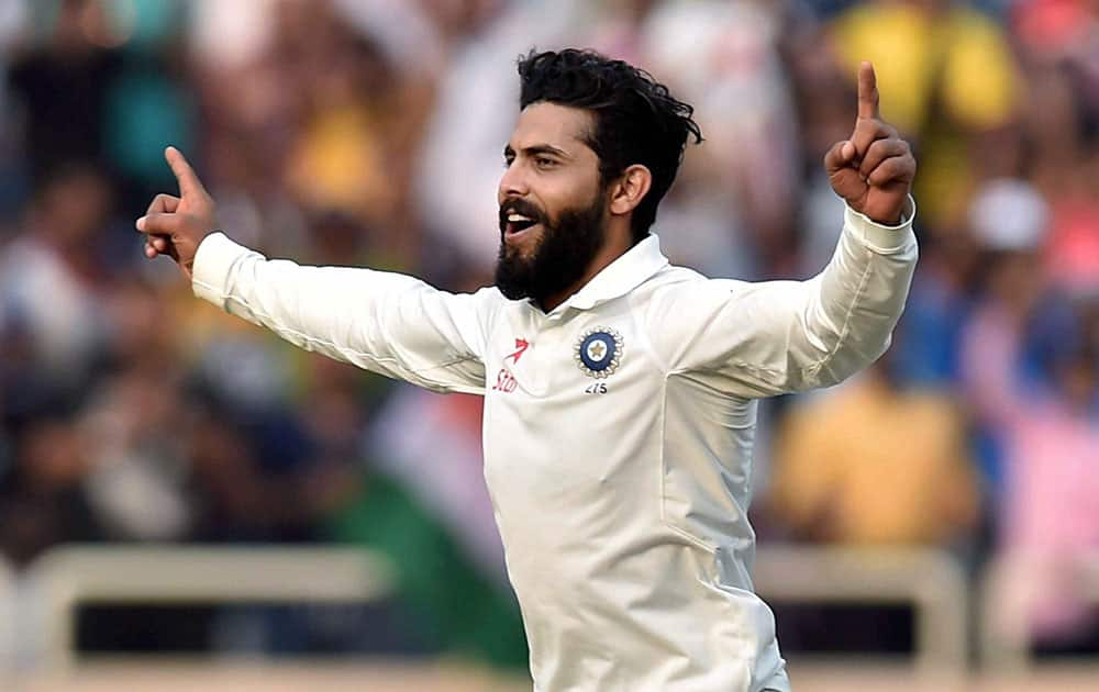 R Jadeja exults after dismissing Australian batsman N Lyon