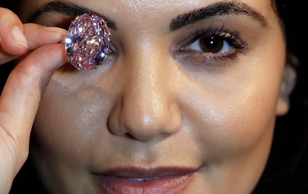 The Pink Star diamond, the most valuable cut diamond ever offered at auction is display