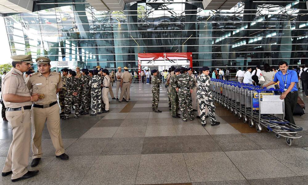 Security personnel stand guard at IGI airport Security personnel stand guard at IGI airport