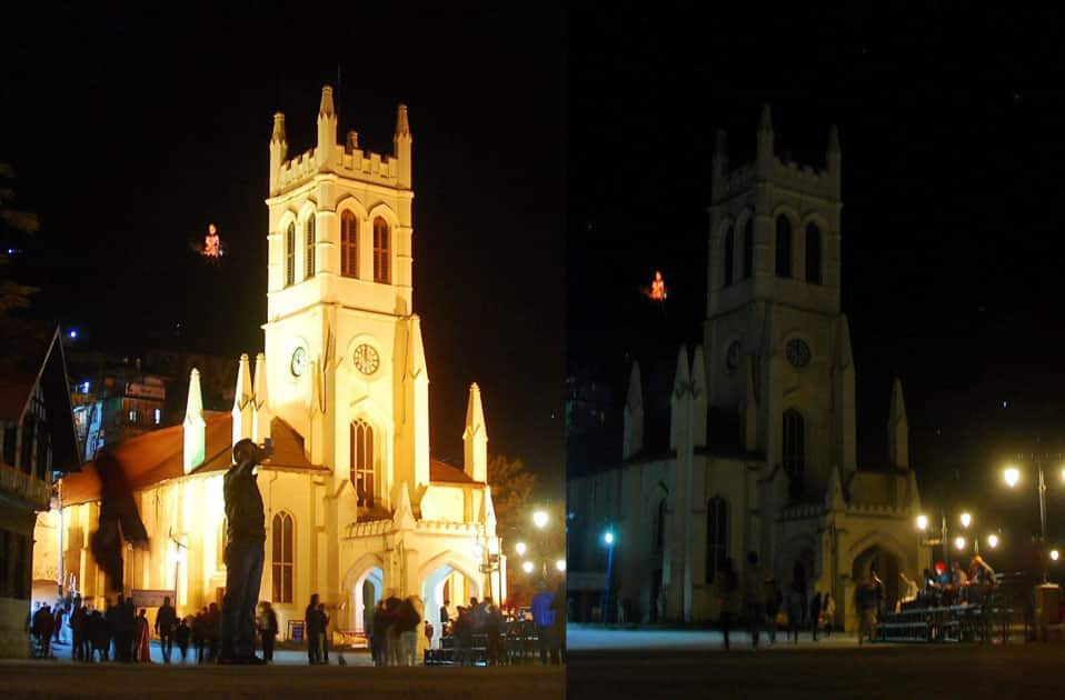 Church in Shimla seen before and during Earth Hour