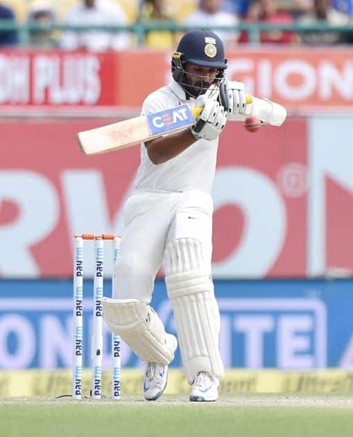 Ajinkya Rahane plays a shot during the 4th day of last test match