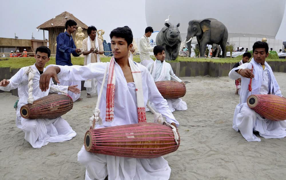 Artists perform during a rehearsal for the Namami Brahmaputra festival