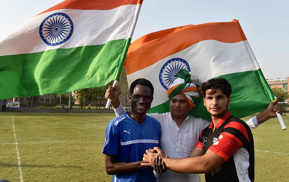 Afircan and Indian students before their friendly football match at Sharda University