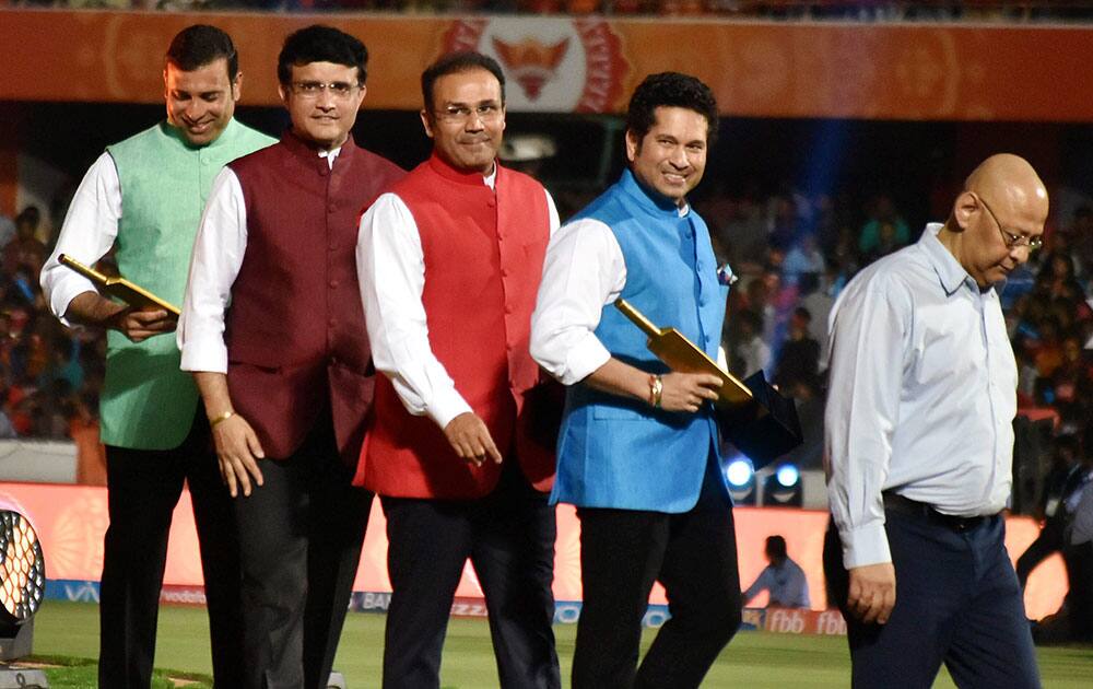 Sachin Tendulkar, Sourav Ganguly, Virender Sehwag and VVS Laxman after their felicitation at the opening ceremony of IPL