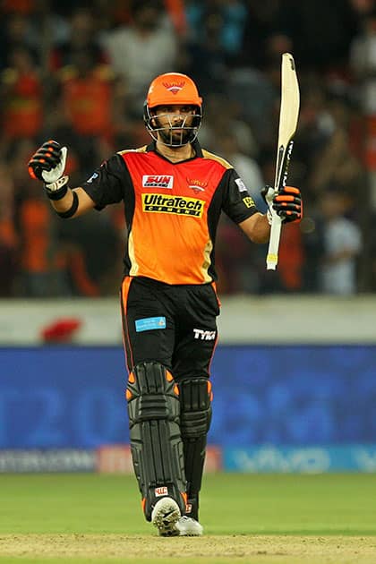 Yuvraj Singh celebrates his fifty runs during the first match of IPL 2017