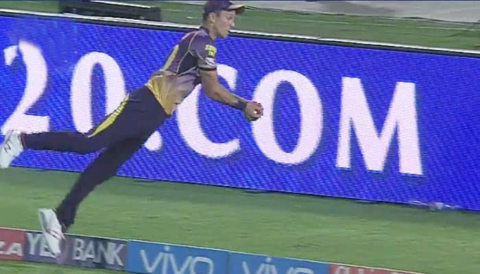 WATCH: Kolkata Knight Riders&#039; Trent Boult robs Suresh Raina off a six with flying fielding effort