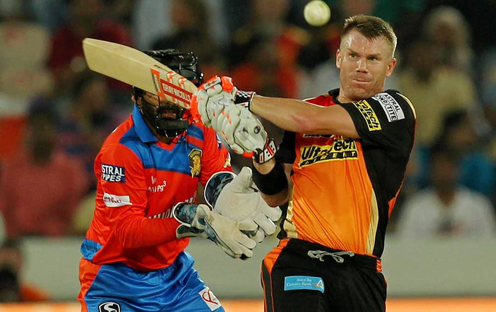 David Warner of SRH plays a shot during the IPL 2017