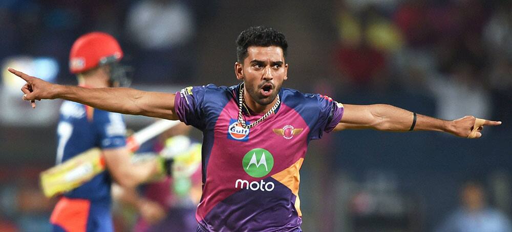 Deepak Chahar celebrates the wicket of Aditya Tare