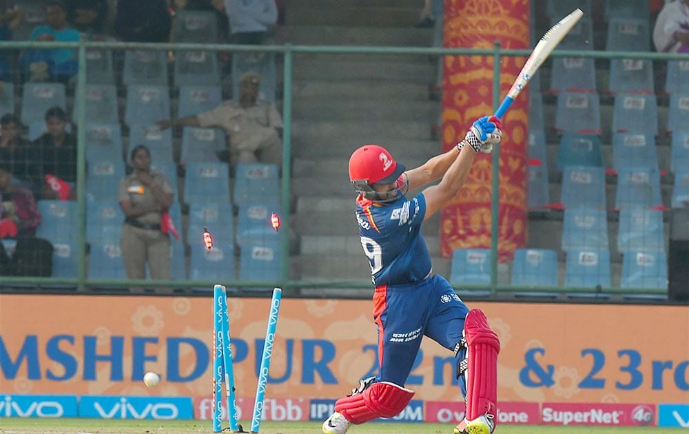 Delhi Daredevils batsman Karun Nair is bowled out during their IPL match