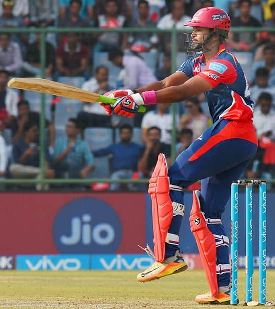 Delhi Daredevils batsman Shreyas Iyer plays a shot during their IPL match