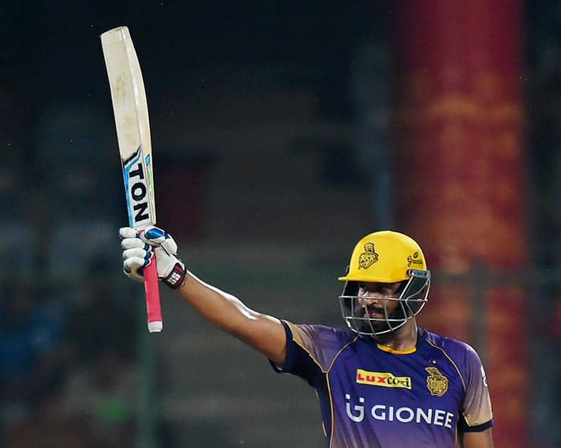 KKR batsman Yusuf Pathan celebrates his fifty during the IPL match