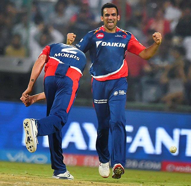 Delhi Daredevils captain Zaheer Khan celebrates the wicket of Yusuf Pathan