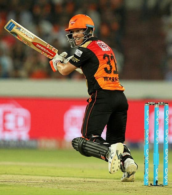 David Warner captain of Sunrisers Hyderabad plays a shot during an IPL 2017